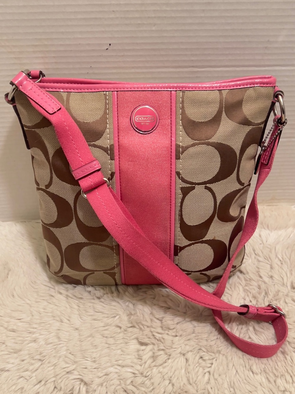 Vintage Coach Tan Signature Crossbody with Pink Trim